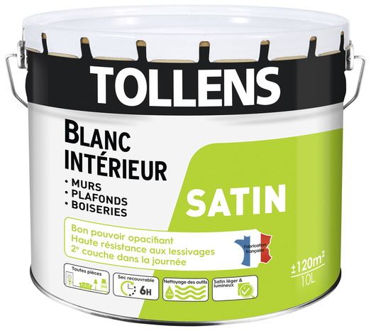 Peinture murs, plafonds et boiseries intérieure acrylique satin blanc 10 L - Tollens - Brico Dépôt