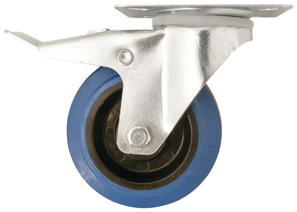 Roulette pivotante caoutchouc bleu avec frein - Ø 10 cm - 100 kg - Brico Dépôt