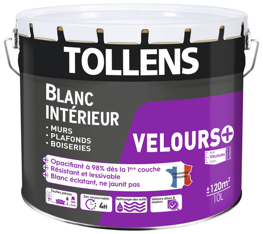 Peinture monocouche murs, plafonds et boiseries intérieure acrylique velours blanc 10 L - Tollens - Brico Dépôt