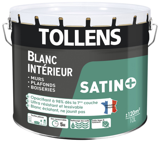 Peinture monocouche murs, plafonds et boiseries intérieure acrylique satin blanc 10 L - Tollens - Brico Dépôt