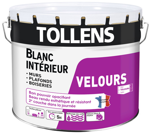 Peinture bicouche murs, plafonds et boiseries intérieure acrylique velours blanc 10 L - Tollens - Brico Dépôt