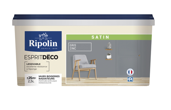 Peinture mur intérieur Satin 2,5 L Gris zinc - Ripolin - Brico Dépôt