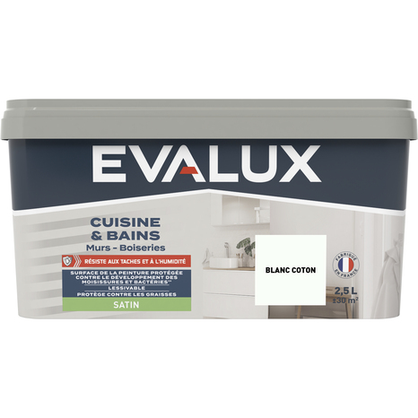 Peinture salle de bain et cuisine Satin 2,5 L Blanc coton - Evalux - Brico Dépôt