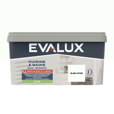 Peinture salle de bain et cuisine Satin 2,5 L Blanc coton - Evalux - Brico Dépôt