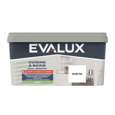Peinture salle de bain et cuisine Satin 2,5 L Blanc pur - Evalux - Brico Dépôt