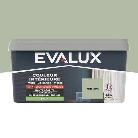 Peinture mur intérieur 2 en 1 Satin 2,5 L Vert olive - Evalux - Brico Dépôt