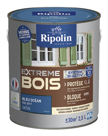Peinture bois intérieur et extérieur satin 2,5 L bleu ocean - Ripolin - Brico Dépôt