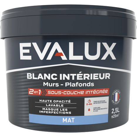 Peinture Blanche intérieure 2en1 sous couche intégrée Mat 2,5 L - Evalux - Brico Dépôt