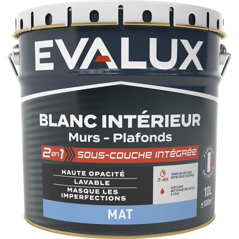 Peinture Blanche intérieure 2en1 sous couche intégrée Mat 10 L - Evalux - Brico Dépôt