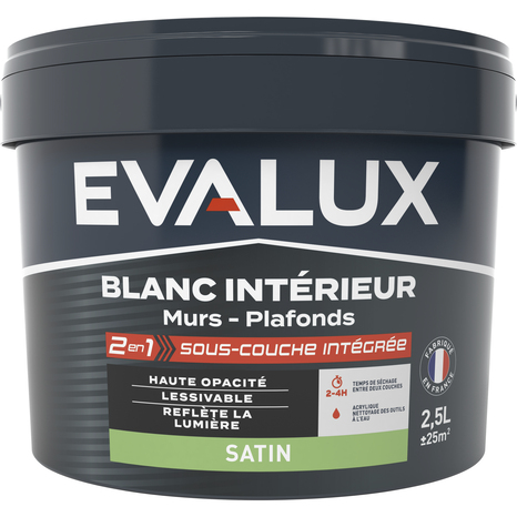Peinture Blanche intérieure 2en1 sous couche intégrée Satin 2,5 L - Evalux - Brico Dépôt