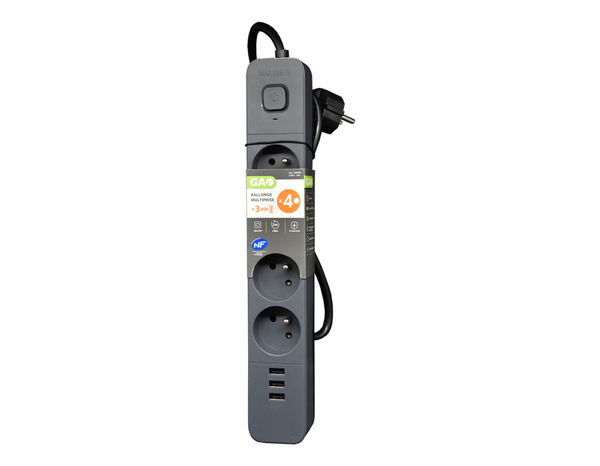 Bloc multiprise avec interrupteur gris/noir - 4 prises + 3 USB - 2 m - Brico Dépôt