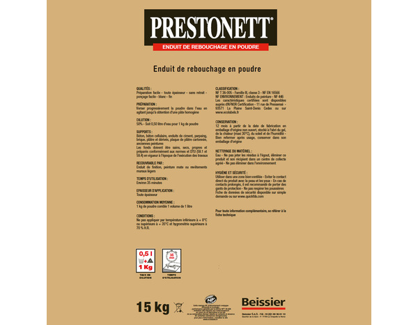 Enduit de rebouchage R pour trous et fissures - sac 15 kg - Prestonett - Brico Dépôt
