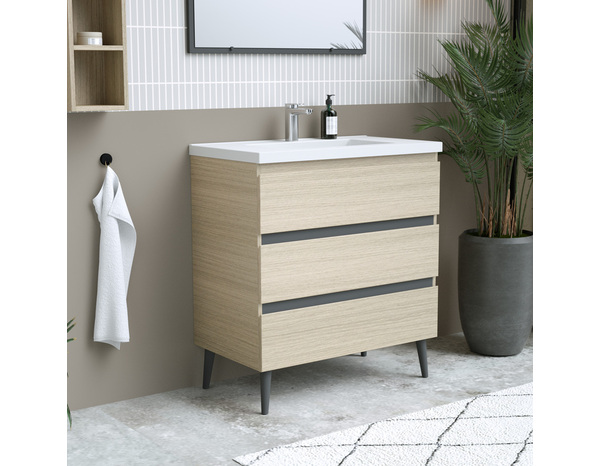 Meuble sous vasque a poser decor bois clair/gris "style" l.80 x h.86 x p.45 cm - Brico Dépôt