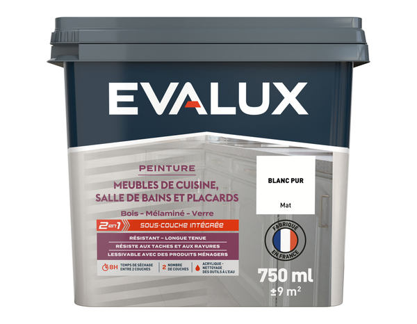 Peinture meuble de cuisine et salle de bains 0,75 L Mat Blanc Pur - Evalux - Brico Dépôt