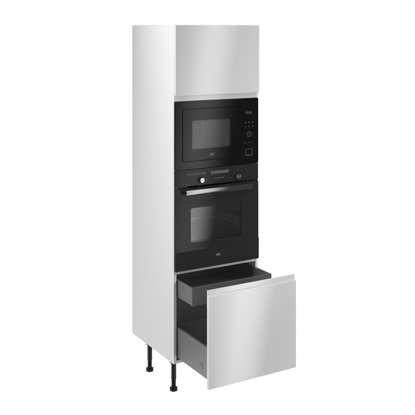 Colonne de cuisine four + micro-ondes "Glorian" blanc brillant l.60 x h.201 x p.57 cm + 1 porte + 1 porte avec casserolier et tiroir intérieur - Brico Dépôt