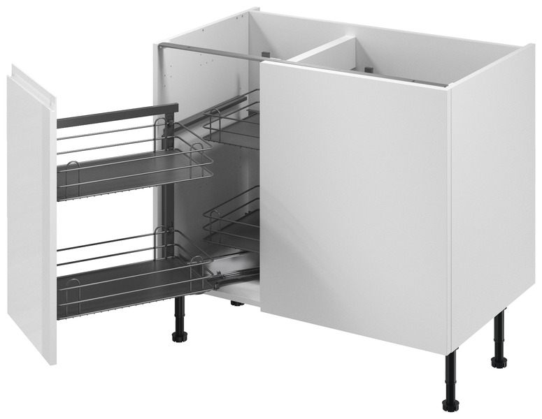 Meuble d'angle bas "Glorian" blanc brillant l.100 x h.72 x p.57 cm 1 porte + rangement panier gauche - Brico Dépôt