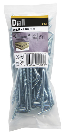 Crochets vis carré zinc 60 x 23 mm 50 pcs  - Diall - Brico Dépôt