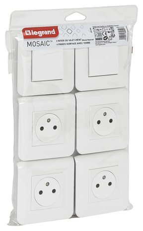 Lot 4 prises avec terre + 2 interrupteurs va-et-vient "Surface Mosaic" blanc - Legrand - Brico Dépôt
