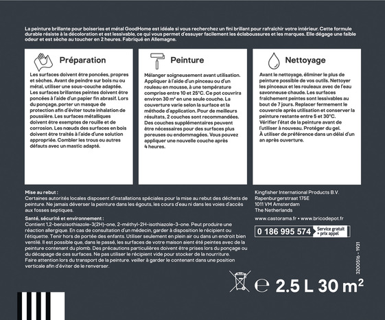 Peinture boiseries et métal intérieure Noir brillant Liberty 2.5 L - GoodHome - Brico Dépôt