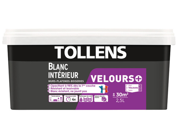 Peinture monocouche murs, plafonds et boiseries intérieure acrylique velours blanc 2.5 L - Tollens - Brico Dépôt