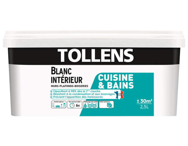 Peinture monocouche murs, plafonds et boiseries cuisine et salle de bains satin blanc 2.5 L - Tollens - Brico Dépôt