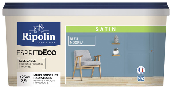 Peinture mur intérieur Satin 2,5 L Bleu moorea - Ripolin - Brico Dépôt