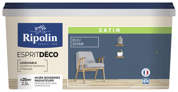 Peinture mur intérieur Satin 2,5 L Bleu seram - Ripolin - Brico Dépôt