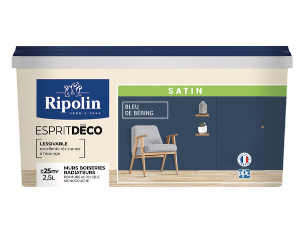 Peinture mur intérieur Satin 2,5 L Bleu de bering - Ripolin - Brico Dépôt
