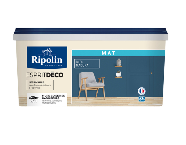 Peinture mur intérieur Mat 2,5 L Bleu madura - Ripolin - Brico Dépôt