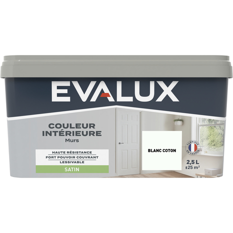 Peinture mur intérieur Satin 2,5 L Blanc coton - Evalux - Brico Dépôt
