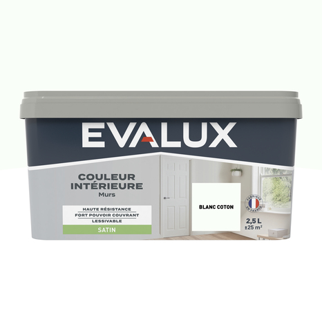 Peinture mur intérieur Satin 2,5 L Blanc coton - Evalux - Brico Dépôt