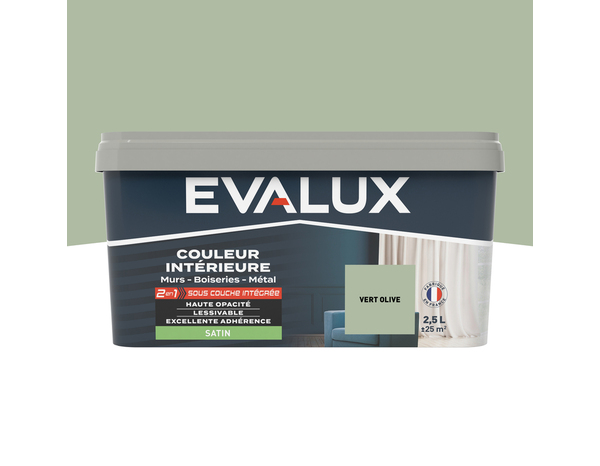Peinture mur intérieur 2 en 1 Satin 2,5 L Vert olive - Evalux - Brico Dépôt