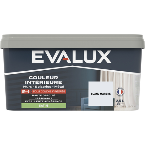 Peinture mur intérieur 2 en 1 Satin 2,5 L Blanc marbre - Evalux - Brico Dépôt
