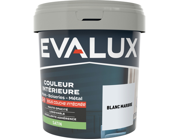 Peinture mur intérieur 2 en 1 Satin 0,75 L Blanc marbre - Evalux - Brico Dépôt