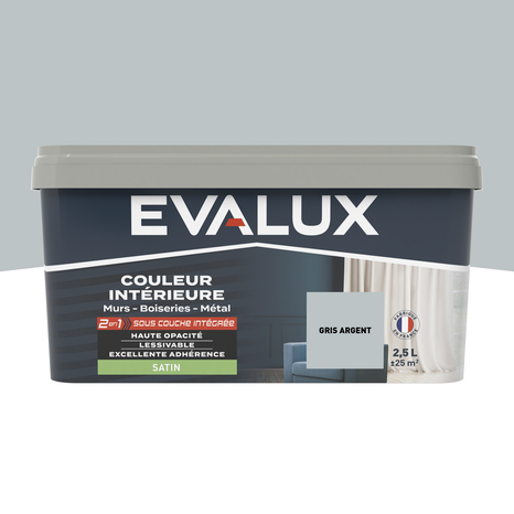 Peinture mur intérieur 2 en 1 Satin 2,5 L Gris argent - Evalux - Brico Dépôt