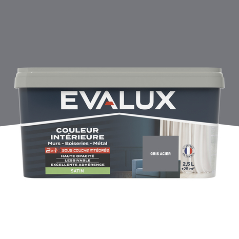 Peinture mur intérieur 2 en 1 Satin 2,5 L Gris acier - Evalux - Brico Dépôt
