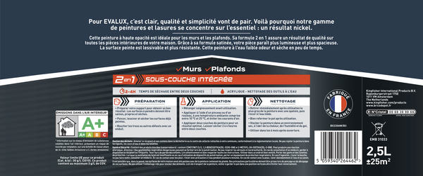 Peinture Blanche intérieure 2en1 sous couche intégrée Satin 2,5 L - Evalux - Brico Dépôt