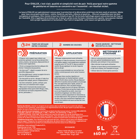 Lasure bois extérieur teck 5L satin - Evalux - Brico Dépôt