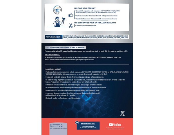 Bande fibrée anti-infiltration - 10 m x 9 cm - Ripolin - Brico Dépôt