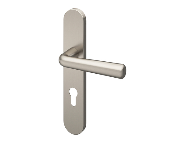 Poignée de porte "Derenic" avec trou pour cylindre - Effet nickel - Entraxe adaptable 165-195 mm - Cooke and Lewis - Brico Dépôt