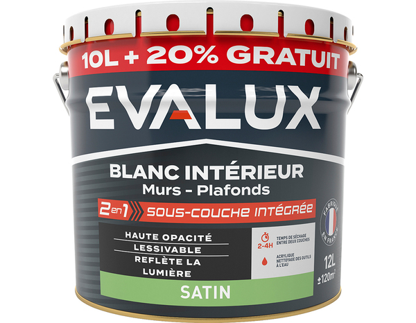 Peinture blanche intérieure 2 en 1 sous couche intégrée satin 10 L + 20% gratuit - Evalux - Brico Dépôt
