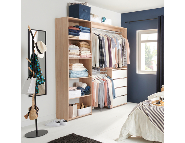 Dressing décor imitation chêne avec 4 tiroirs - Dim : H. 200 x L. 180 x P. 40 cm - Brico Dépôt