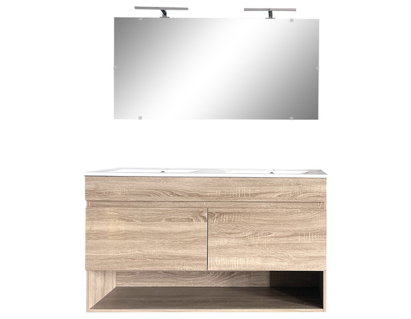 Ensemble meuble suspendu + double vasque + miroir + appliques Led - 120 cm "Alba" - Brico Dépôt