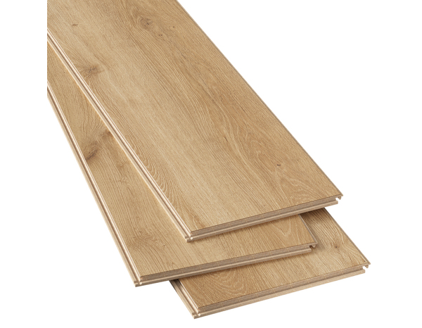 Sol stratifié à clipser aspect mat miel "Mamaia" compatible pièces humides - L. 128,5 x l. 19,2 cm x Ép. 8 mm - Cooke and Lewis - Brico Dépôt