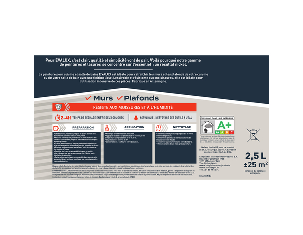 Peinture cuisine et bains Base A satin 2,5 L - Evalux - Brico Dépôt