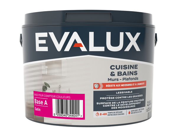 Peinture cuisine et bains Base A satin 2,5 L - Evalux - Brico Dépôt
