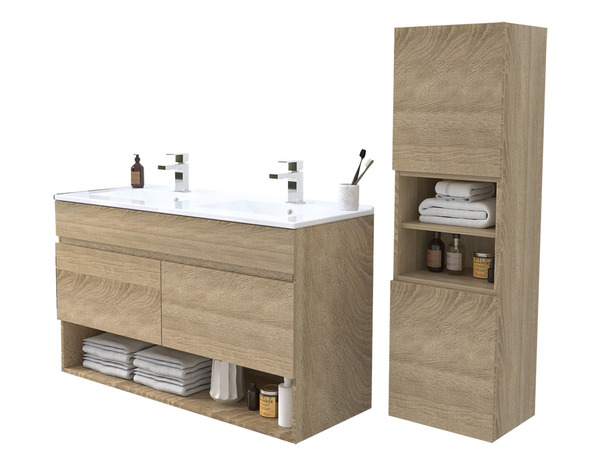 Ensemble meuble suspendu + double vasque + miroir + appliques Led - 120 cm "Alba" - Brico Dépôt