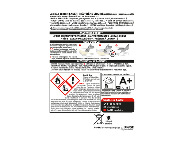 Colle contact néoprène liquide - 250 ml - Sader - Brico Dépôt
