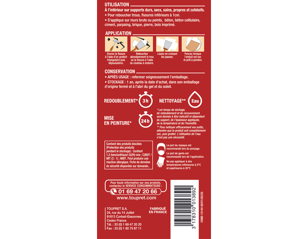 Enduit de rebouchage extérieur en pâte - Tube 330 g - Toupret - Brico Dépôt