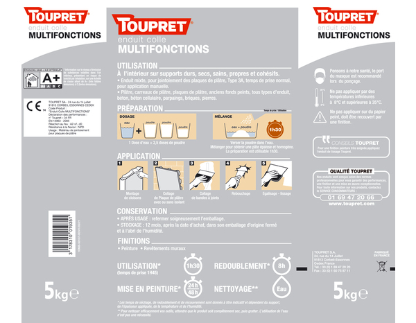 Enduit colle multifonctions en poudre - sac 5 Kg - Toupret - Brico Dépôt